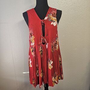 Free People Floral Mini Tunic Dress Red Sleeveless Boho Chic Tie Front S CC668